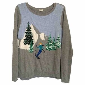 Talbots Skiing Girl Sweater Snow Mountain Ski Winter Scene Gray Pullover Sz XL